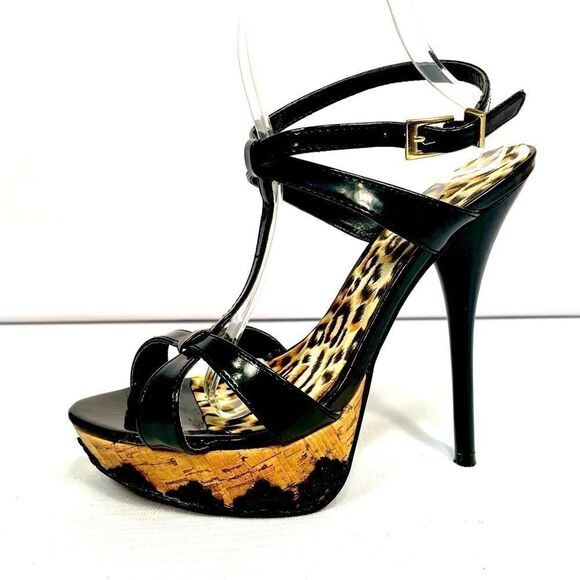 BLACK PATENT STRAPPY SANDALS 5.5” HEEL SIZE 8.5 - Picture 1 of 6